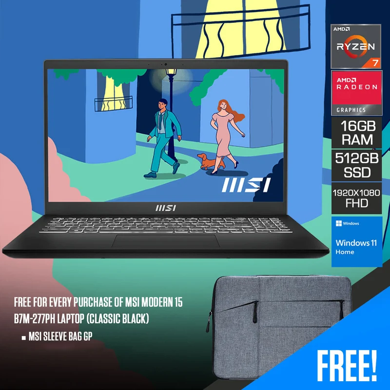 MSI Modern 15 B7M-277PH Laptop (Classic Black) | 15.6" FHD (1920x1080) | Ryzen 7 7730U | 16GB RAM | 512GB SSD | AMD Radeon Graphics | Windows 11 Home | MSI Sleeve Bag GP