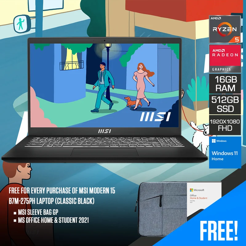 MSI Modern 15 B7M-275PH Laptop (Classic Black) | 15.6" FHD (1920x1080) | Ryzen 5 7530U | 16GB RAM | 512GB SSD | AMD Radeon Graphics | Windows 11 Home | MS Office Home & Student 2021 | MSI Sleeve Bag GP