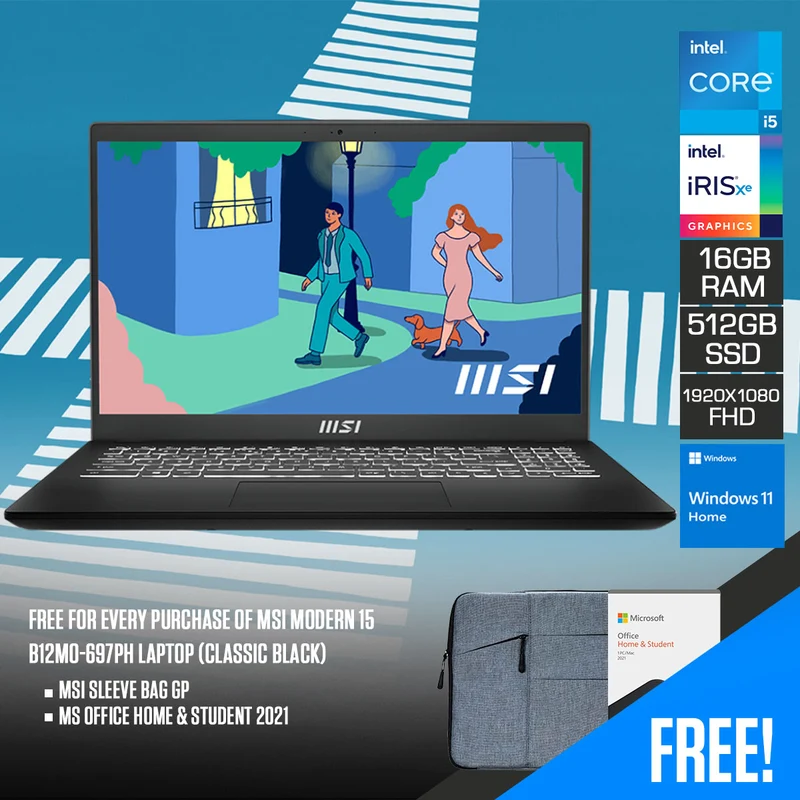MSI Modern 15 B12MO-697PH Laptop (Classic Black) | 15.6" FHD (1920x1080) | i5-1235U | 16GB RAM | 512GB SSD | Intel Iris Xe Graphics | Windows 11 Home | MS Office Home & Student 2021 | MSI Sleeve Bag GP