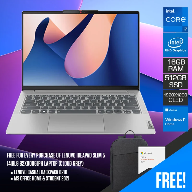 Lenovo Ideapad Slim 5 14IRL8 82XD006JPH Laptop (Cloud Grey) | 14” WUXGA (1920x1200) OLED | i7-13620H | Intel UHD Graphics | 16GB RAM | 512GB SSD | Windows 11 Home | MS Office Home & Student 2021 | Lenovo Casual Backpack B210