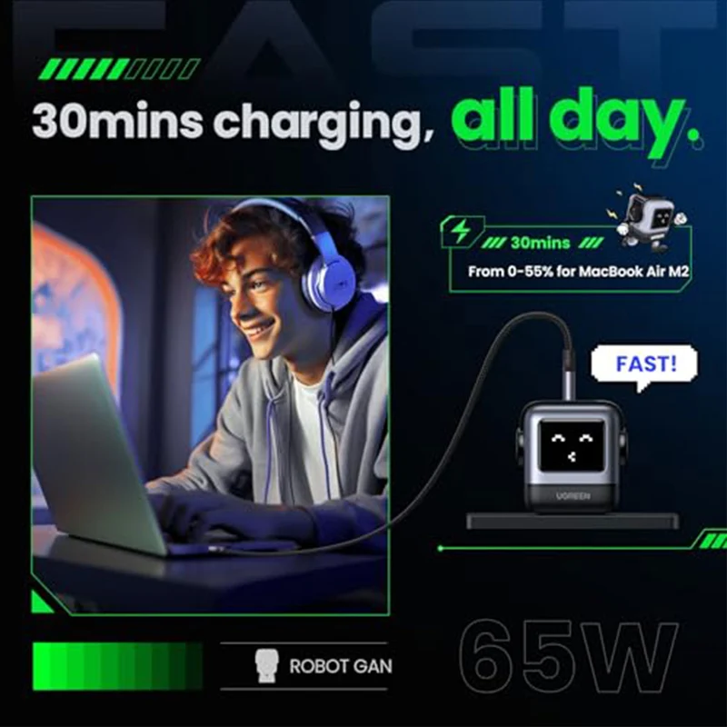 UGreen Mini Robot 65W 3-Port PD GAN Fast Charger (Space Grey) (CD361/15570)