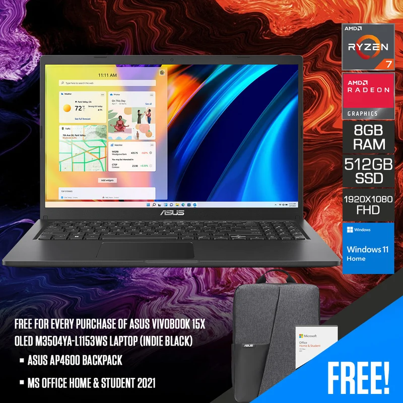 Asus Vivobook 15X OLED M3504YA-L1153WS Laptop (Indie Black) | 15.6" FHD OLED (1920X1080) | Ryzen 7 7730U | 8GB RAM | 512GB SSD | AMD Radeon Graphics | Windows 11 Home | MS Office Home & Student 2021 | Asus AP4600 Backpack