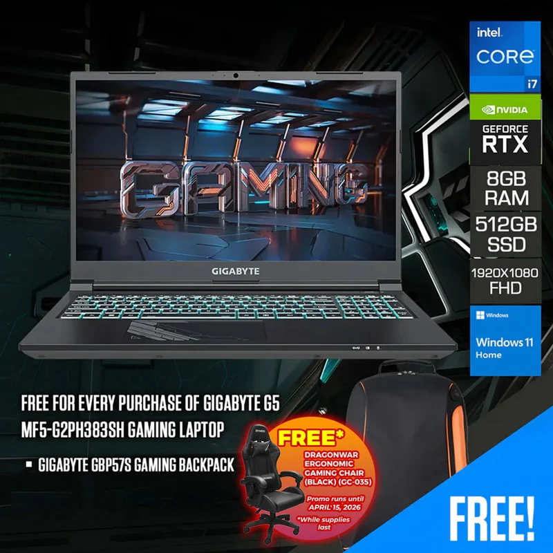 Gigabyte G5 MF5-G2PH383SH Gaming Laptop | 15.6" FHD (1920X1080) | 144HZ | i7-12650H | 8GB Ram | 512GB | RTX 4050 | Windows 11 Home | Gigabyte GBP57S Gaming Backpack