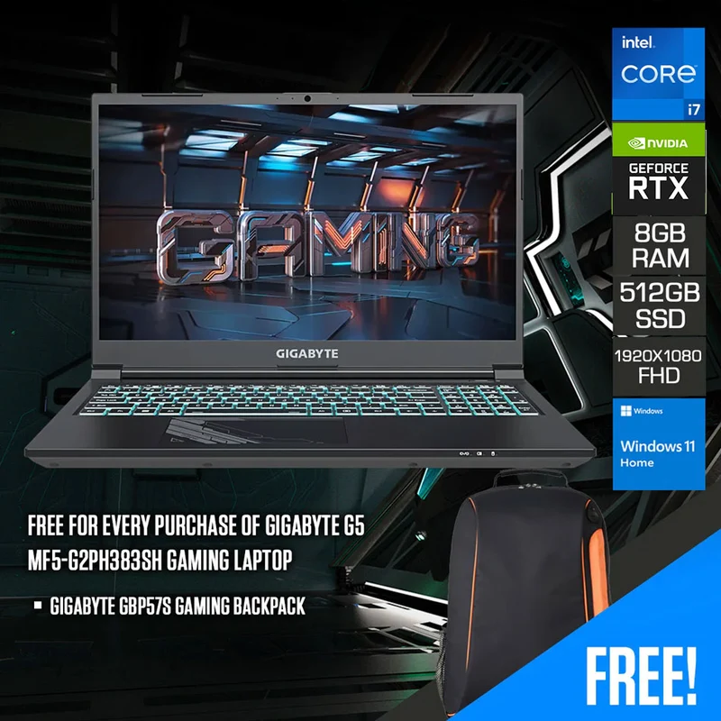 Gigabyte G5 MF5-G2PH383SH Gaming Laptop | 15.6" FHD (1920X1080) | 144HZ | i7-12650H | 8GB Ram | 512GB | RTX 4050 | Windows 11 Home | Gigabyte GBP57S Gaming Backpack