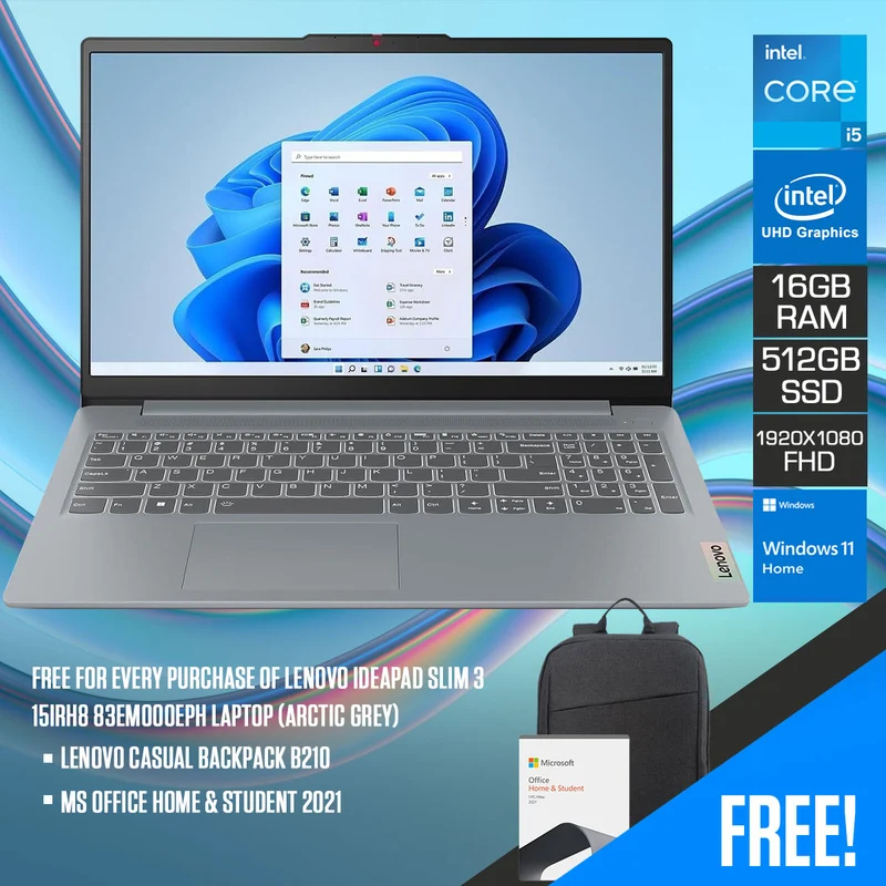 Lenovo IdeaPad Slim 3 15IRH8 83EM000EPH Laptop (Arctic Grey) | i5-13420H | 16GB RAM | 512GB SSD | Intel UHD Graphics | MS Office Home & Student 2021 | Lenovo Casual Backpack B210