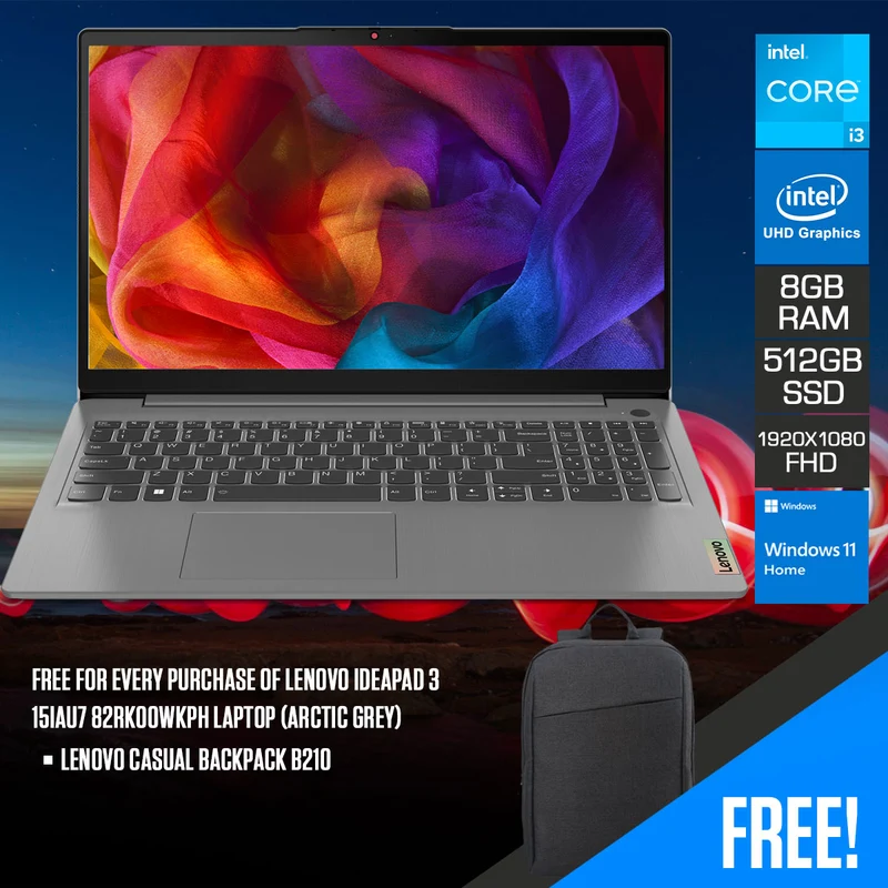 Lenovo IdeaPad 3 15IAU7 82RK00WKPH Laptop (Arctic Grey) | 15.6” FHD | i3-1215U | 8GB RAM | 512GB SSD | Intel UHD Graphics | Windows 11 Home | Lenovo Casual Backpack B210
