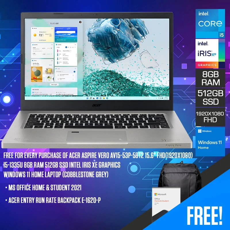 Acer Aspire Vero AV15-53P-58T2 Laptop (Cobblestone Grey) | 15.6" FHD (1920x1080) | i5-1335U | 8GB RAM | 512GB SSD | Intel Iris Xe Graphics | Windows 11 Home | MS Office Home & Student 2021 | Acer Entry Run Rate Backpack E-1620-P