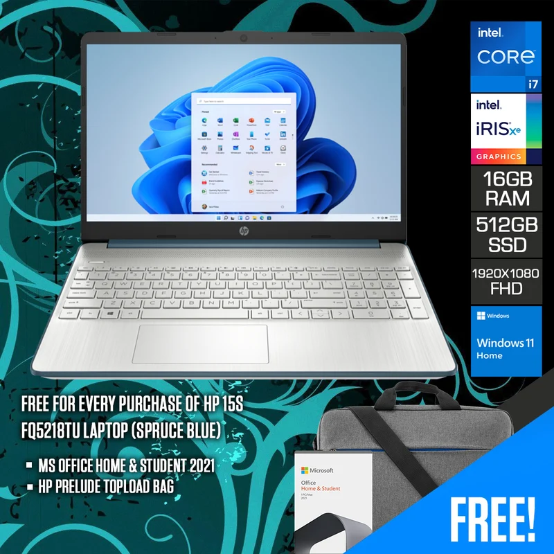 HP 15S-FQ5218TU Laptop (Spruce Blue) | 15.6" FHD (1920x1080) | i7-1255U | 16GB RAM | 512GB SSD | Intel Iris Xe | Windows 11 Home | MS Office Home & Student 2021 | HP Prelude Topload Bag