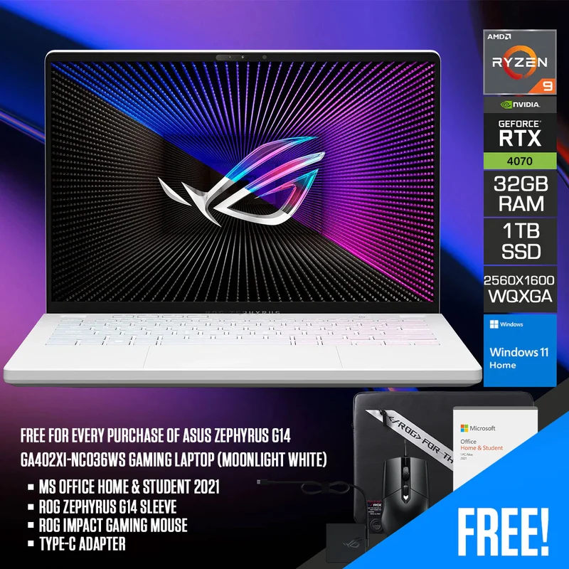 Asus ROG Zephyrus G14 GA402XI-NC036WS Gaming Laptop (Moonlight White) | 14" WQXGA Mini LED 165HZ | R9 7940HS | 32GB RAM | 1TB SSD | RTX 4070 | Win 11 Home | MS Office H & S 2021 | ROG Zephyrus G14 Sleeve | ROG Impact Gaming Mouse | Type-C Adapter