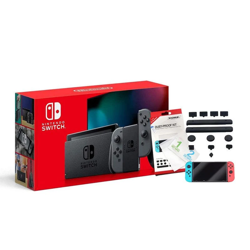 Nintendo Switch Console With Grey Joycon + NSW Dobe Dust-Proof Kit Include Rubber Plug & Toughened Glass Film (TNS-862) Bundle