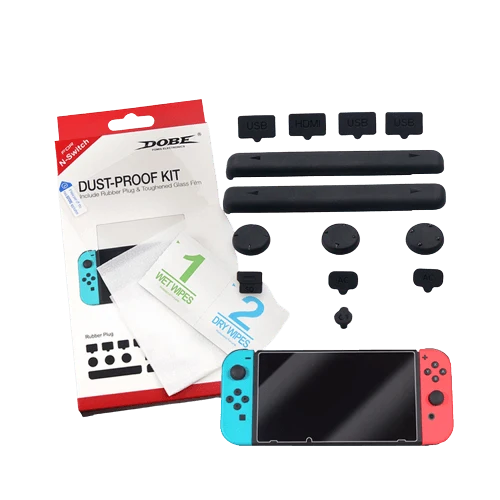 Nintendo Switch Console With Grey Joycon + NSW Dobe Dust-Proof Kit Include Rubber Plug & Toughened Glass Film (TNS-862) Bundle