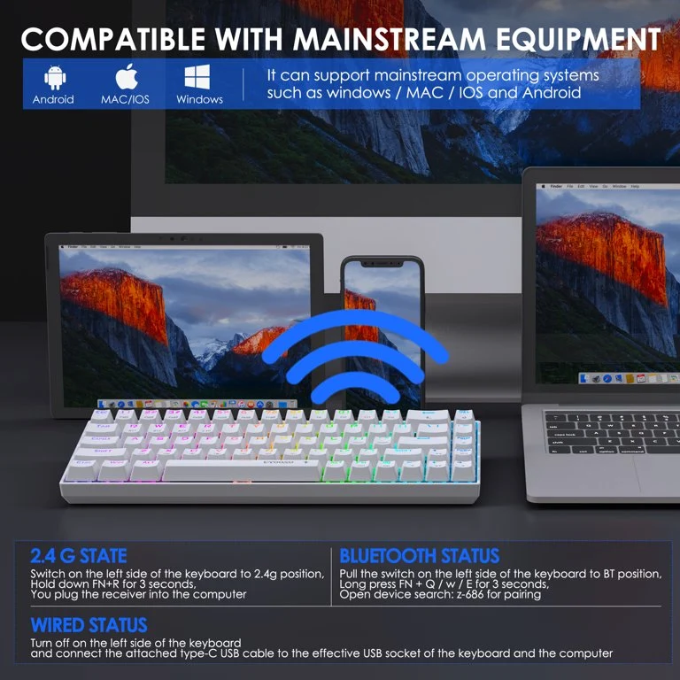 E-Yooso Z-686 Tri-Mode RGB 68 Keys Hot Swappable Mechanical Keyboard White (Brown Switch)