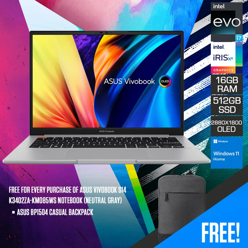 Asus Vivobook S14 K3402ZA-KM085WS Notebook (Neutral Gray) | 14" 2.8K (2880x1800) OLED | i7-12700H | 16GB RAM | 512GB SSD | Intel Iris XE Graphics | Windows 11 Home | Asus BP1504 Casual Backpack