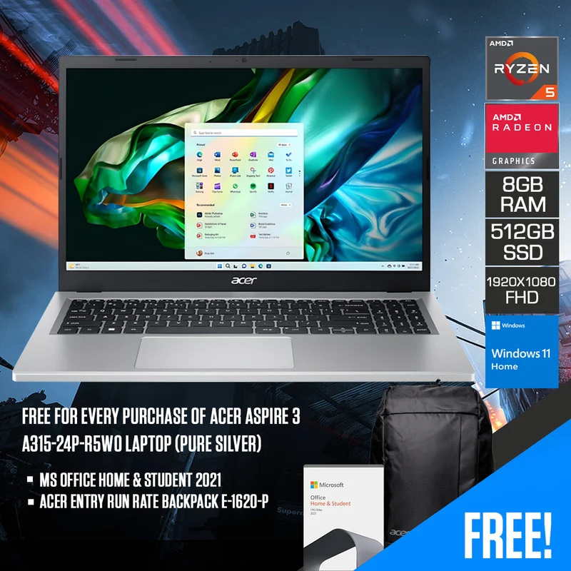 Acer Aspire 3 A315-24P-R5W0 Laptop (Pure Silver) | 15.6” FHD (1920x1080) | Ryzen 5 7520U | 8GB RAM | 512GB SSD | AMD Radeon Graphics | Windows 11 Home | MS Office Home & Student 2021 | Acer Entry Run Rate Backpack E-1620-P