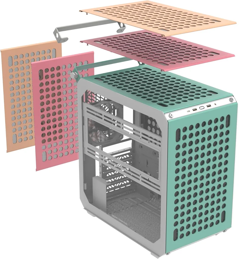 Cooler Master Qube 500 Flatpack Macaron Edition Small High Airflow Mid-Tower ATX Customizable Gaming PC Case (Mint/Pink/Cream)
