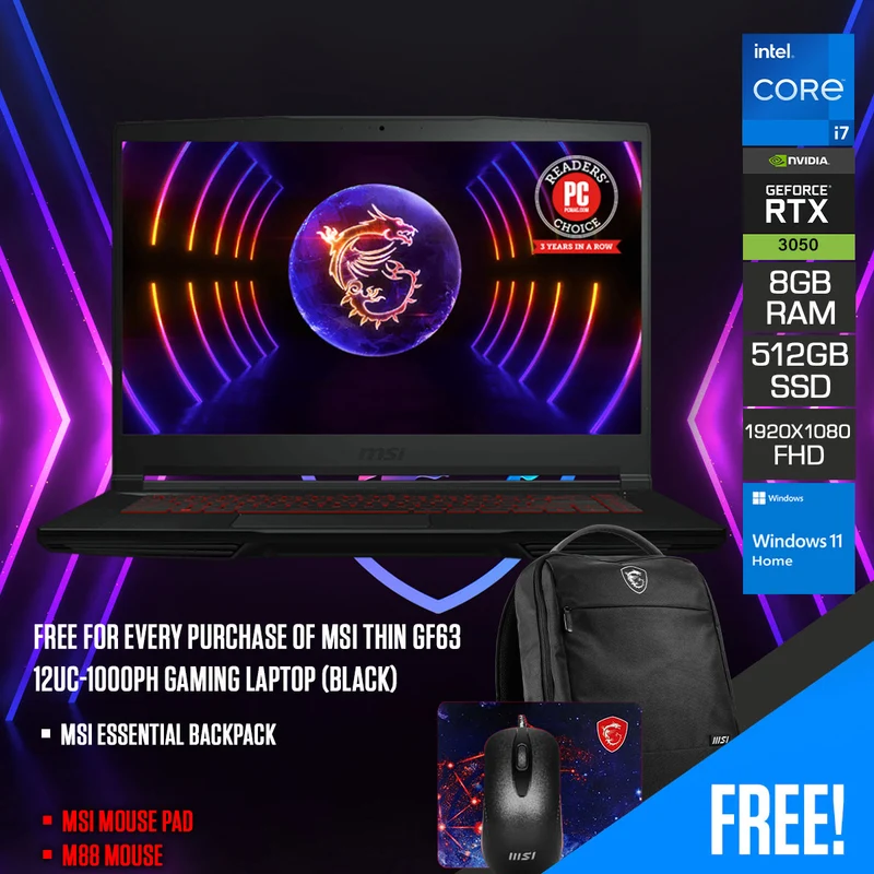 MSI Thin GF63 12UC-1000PH Gaming Laptop (Black) | 15.6" FHD (1920x1080) | i7 12650H | 8GB RAM | 512GB SSD | RTX 3050 | Windows 11 Home | MSI Essential Backpack