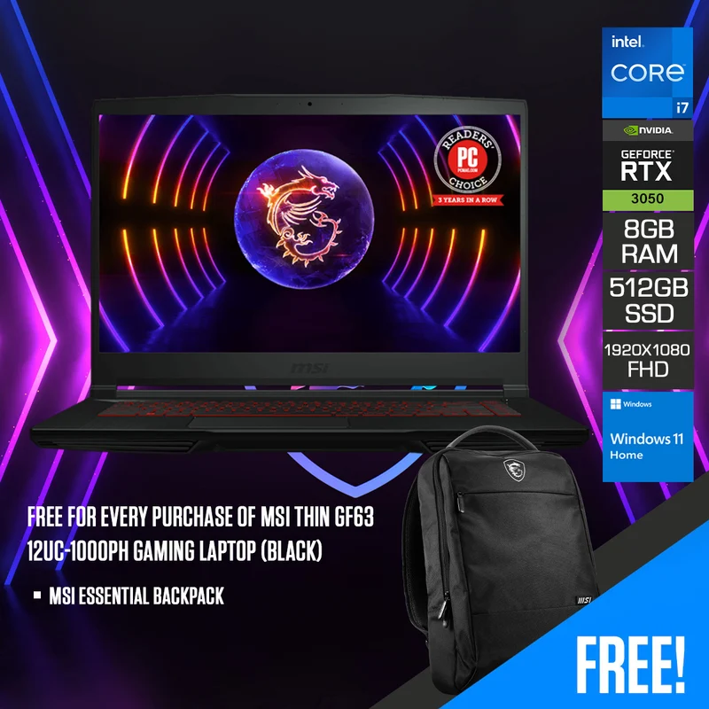 MSI Thin GF63 12UC-1000PH Gaming Laptop (Black) | 15.6" FHD (1920x1080) | i7 12650H | 8GB RAM | 512GB SSD | RTX 3050 | Windows 11 Home | MSI Essential Backpack