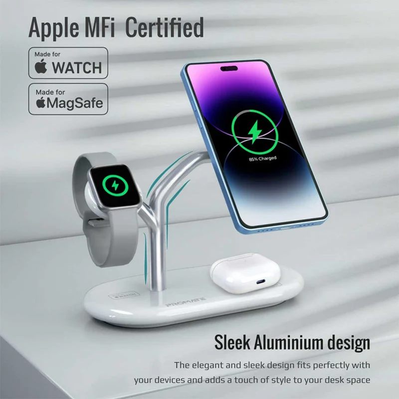 Promate Synergy 54W High Speed MAGSAFE 4-IN-1 Wireless Charging Station (White)