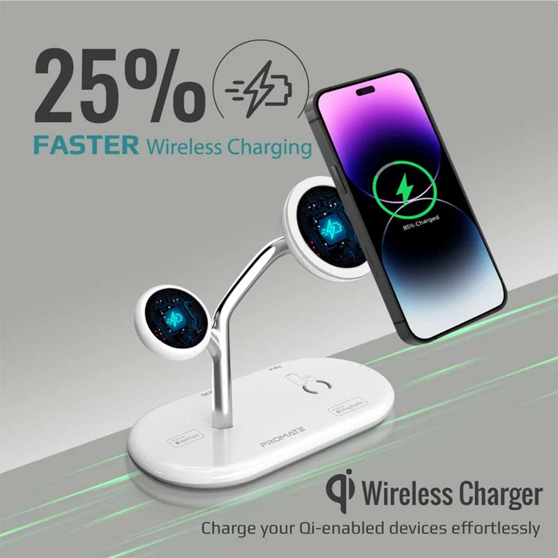 Promate Synergy 54W High Speed MAGSAFE 4-IN-1 Wireless Charging Station (White)