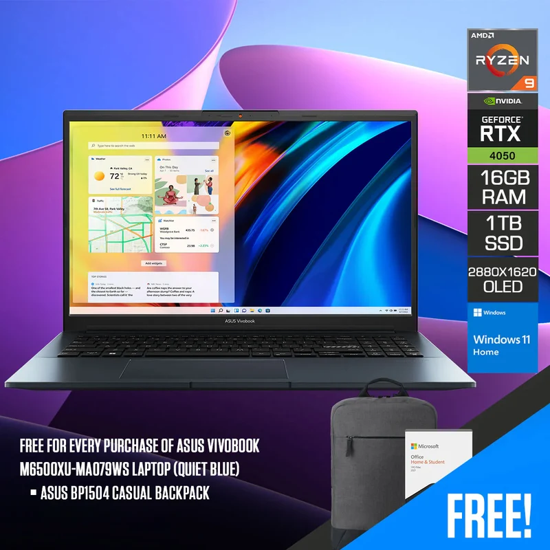 Asus Vivobook M6500XU-MA079WS Laptop (Quiet Blue) | 15.6" OLED (2880X1620) | Ryzen 9 7940HS | 16GB RAM | 1TB SSD | RTX4050 | Windows 11 Home | MS Office Home & Student 2021 | Asus BP1504 Casual Backpack