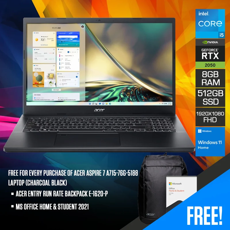 Acer Aspire 7 A715-76G-5188 Laptop (Charcoal Black) | 15.6" FHD 1920x1080 | i5-12450H | 8 GB RAM (32GB MAX.) | 512GB SSD | RTX 2050 | Windows 11 Home | MS Office Home & Student 2021 | Acer Entry Run Rate Backpack E-1620-P