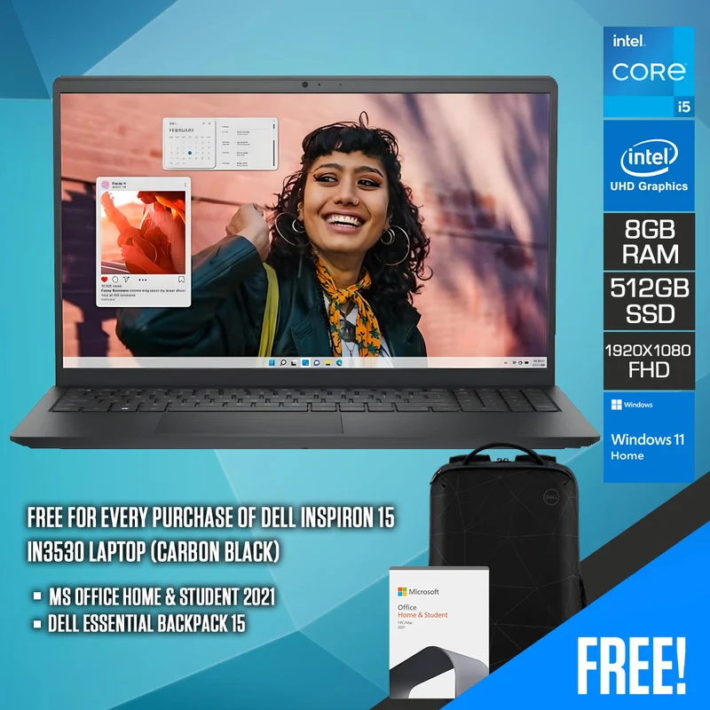 Dell Inspiron 15 IN3530 Laptop (Carbon Black) | 15.6" FHD (1920x1080) | i5-1335U | 8GB RAM | 512GB SSD | Intel UHD Graphics | Windows 11 Home | MS Office Home & Student 2021 | Dell Essential Backpack 15