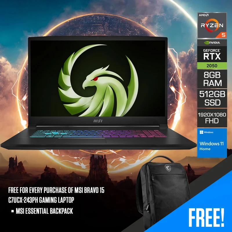 MSI Bravo 15 C7UCX-243PH Gaming Laptop (Black) | 15.6" FHD (1920X1080) 144HZ | R5-7535HS | 8GB RAM | 512GB SSD | RTX 2050 | Windows 11 | MSI Essential Backpack