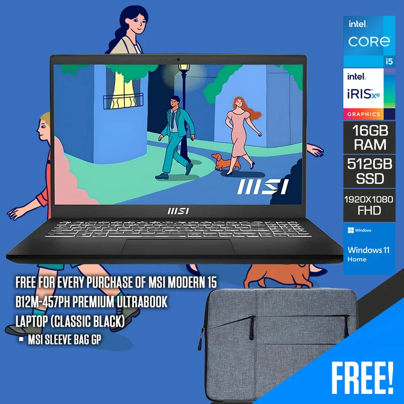 MSI Modern 15 B12M-457PH Premium Ultrabook (Classic Black) | 15.6" FHD (1920x1080) | i5-1235U | 16GB RAM | 512GB SSD | Intel Iris Xe Graphics | Windows 11 Home | MSI Sleeve Bag GP