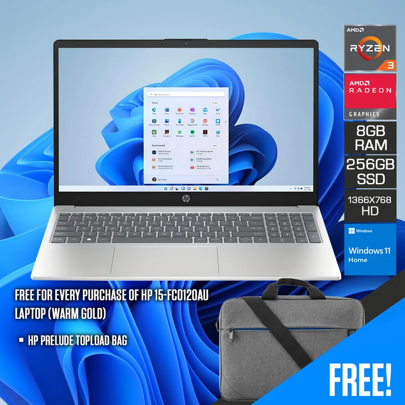 HP 15-FC0120AU Laptop (Warm Gold) | 15.6" HD (1366x768) | Ryzen 3 7320U | 8GB RAM | 256GB SSD | AMD Radeon Graphics | Windows 11 Home | HP Prelude Topload Bag