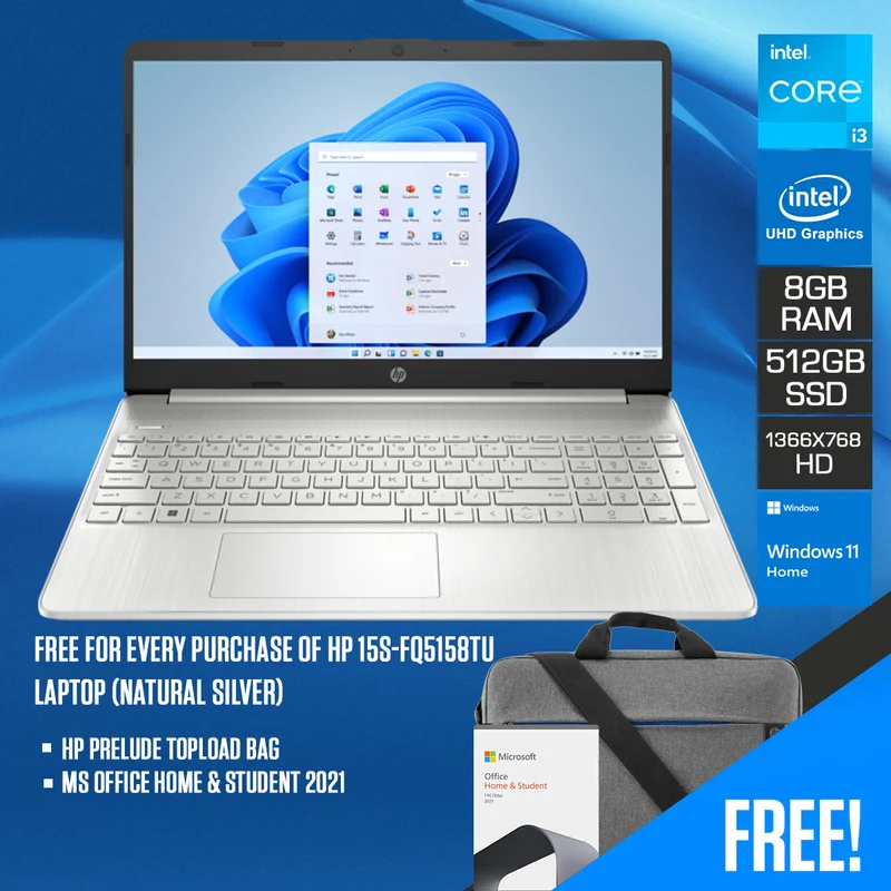 HP 15S-FQ5158TU Laptop (Natural Silver) | 15.6" HD (1366x768) | i3-1215U | 8GB RAM | 512 GB SSD | Intel UHD Graphics | Windows 11 Home | MS Office Home & Student 2021 | HP Prelude Topload Bag