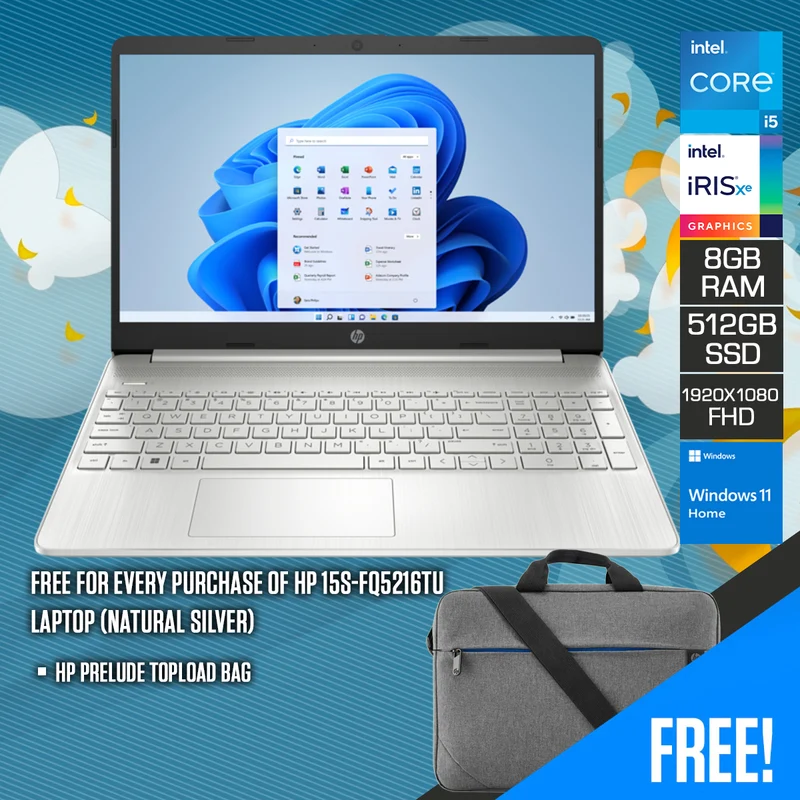 HP 15S-FQ5216TU Laptop (Natural Silver) | 15.6" FHD (1920x1080) | i5-1235U | 8GB RAM | 512 GB SSD | Intel Iris Xe Graphics | Windows 11 Home | HP Prelude Topload Bag