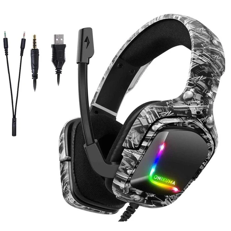 Onikuma K20 Wired Gaming Headset With Microphone RGB Light Noise Cancelling (Camouflage Gray)