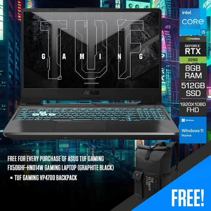 Asus TUF Gaming FX506HF-HN014W Gaming Laptop (Graphite Black) | 15.6" FHD (1920x1080) 144 Hz | i5-11400H | 8GB RAM | 512GB SSD | RTX 2050 | Windows 11 Home | TUF Gaming VP4700 Backpack