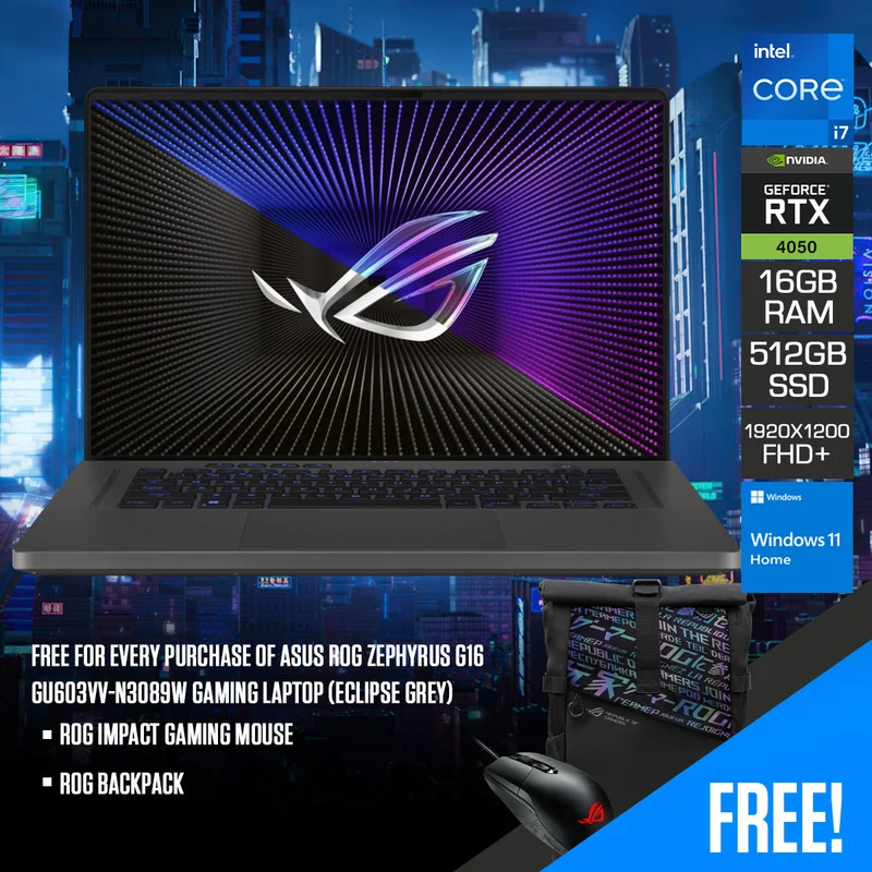 Asus ROG Zephyrus G16 GU603VV-N3089W Gaming Laptop (Eclipse Grey) | 16" FHD+ (1920X1200) 165HZ | I7-13620H | 16GB RAM | 512GB SSD | RTX 4060 | Windows 11 Home | ROG Backpack | ROG Impact Gaming Mouse