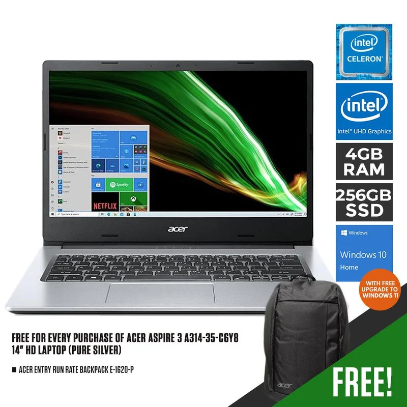 ACER ASPIRE 3 A314-35-C6Y8 LAPTOP (PURE SILVER) | 14" HD | INTEL CELERON N4500 | 4GB / 8GB / 16GB DDR4 | 256GB SSD | INTEL UHD | WIN10 + ACER ENTRY RUN RATE BACKPACK E-1620-P (LZBPKM6B12)