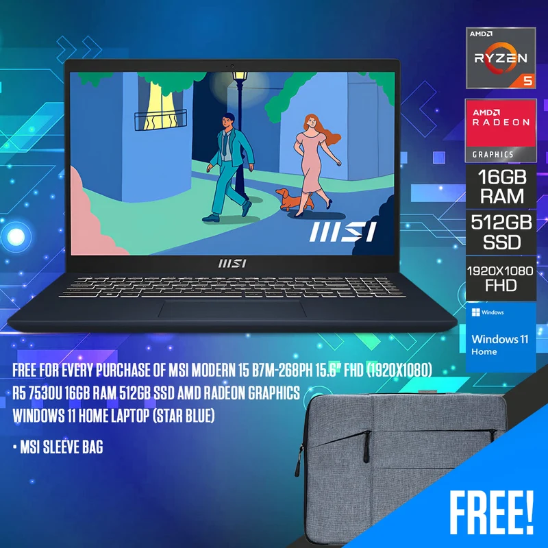 MSI Modern 15 B7M-268PH Laptop (Star Blue) | 15.6" FHD (1920x1080) | Ryzen 5 7530U | 16GB RAM | 512GB SSD | AMD Radeon Graphics | Windows 11 Home | MSI Sleeve Bag