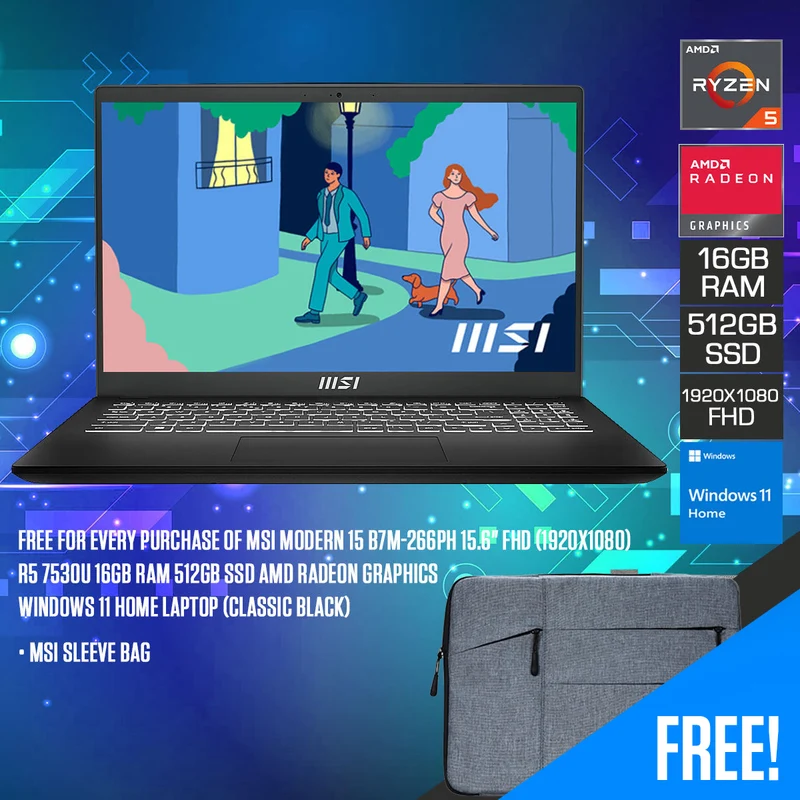 MSI Modern 15 B7M-266PH Laptop (Classic Black) | 15.6" FHD (1920x1080) | Ryzen 5 7530U | 16GB RAM | 512GB SSD | AMD Radeon Graphics | Windows 11 Home | MSI Sleeve Bag