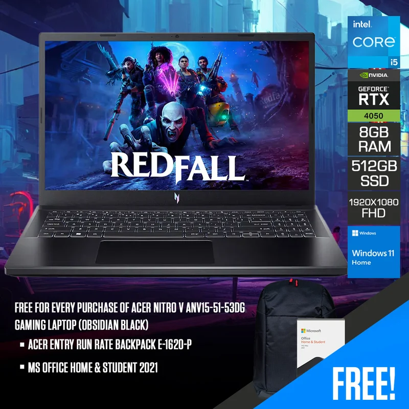 Acer Nitro V ANV15-51-53DG Gaming Laptop (Obsidian Black) | 15.6" FHD (1920x1080) IPS 144HZ | i5-13420H | 8GB RAM | 512GB SSD | RTX 4050 | Windows 11 Home | MS Office Home & Student 2021 | Acer VX15 Backpack