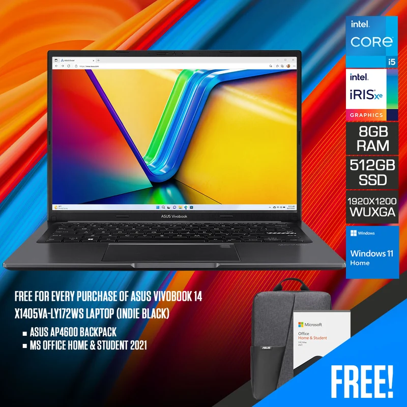 Asus Vivobook 14 X1405VA-LY172WS Laptop (Indie Black) | 14” WUXGA (1920x1200) | i5 13500H | 8GB RAM | 512GB SSD | Intel Iris Xe Graphics | MS Office Home & Student 2021 | Asus AP4600 Backpack