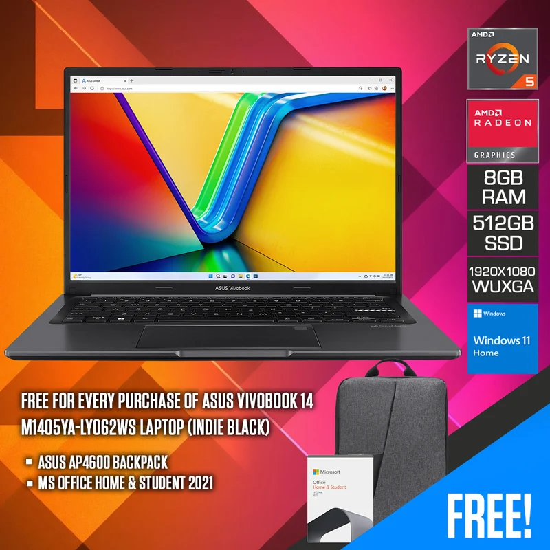 Asus Vivobook 14 M1405YA-LY062WS Laptop (Indie Black) | 14” WUXGA (1920x1200) | Ryzen 5 7530U | 8GB RAM | 512GB SSD | AMD Radeon Graphics | Windows 11 Home | MS Office Home & Student 2021 | Asus AP4600 Backpack