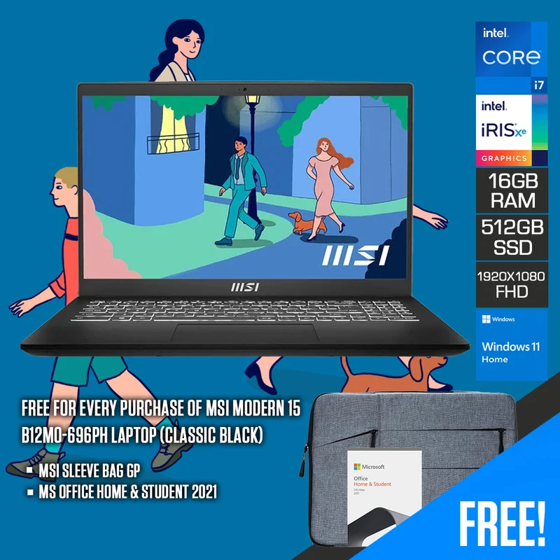 MSI Modern 15 B12MO-696PH Laptop (Classic Black) | 15.6" FHD (1920x1080 | i7-1255U | 16GB RAM | 512GB SSD | Intel Iris Xe Graphics | Windows 11 Home | MS Office Home & Student 2021 | MSI Sleeve Bag GP