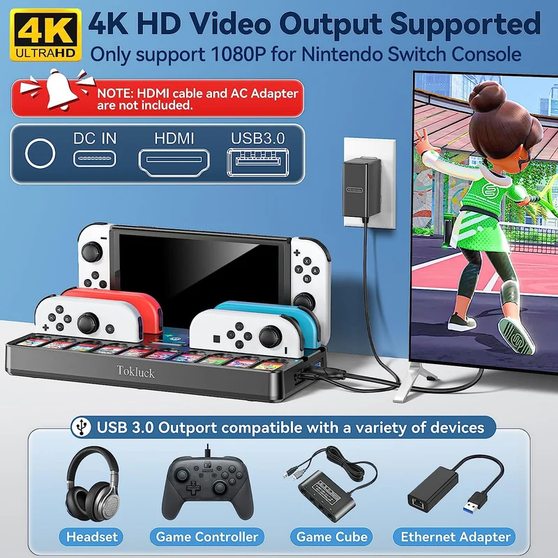 Tokluck TV Dock Station for Switch/ Switch OLED w/ Controller Charger & Game Slots (Black) (TO-SW804)