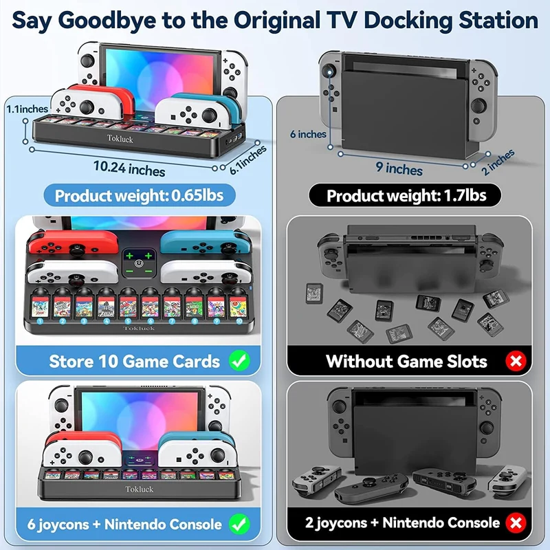 Tokluck TV Dock Station for Switch/ Switch OLED w/ Controller Charger & Game Slots (Black) (TO-SW804)