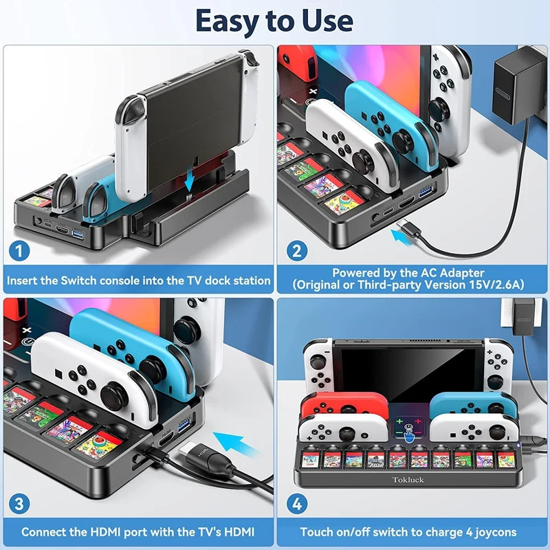 Tokluck TV Dock Station for Switch/ Switch OLED w/ Controller Charger & Game Slots (Black) (TO-SW804)