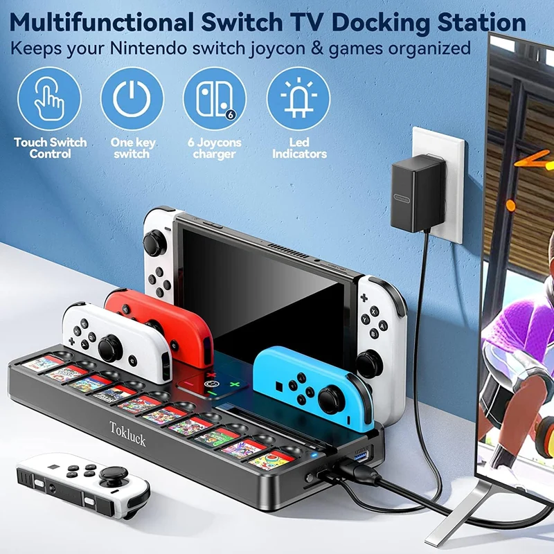 Tokluck TV Dock Station for Switch/ Switch OLED w/ Controller Charger & Game Slots (Black) (TO-SW804)