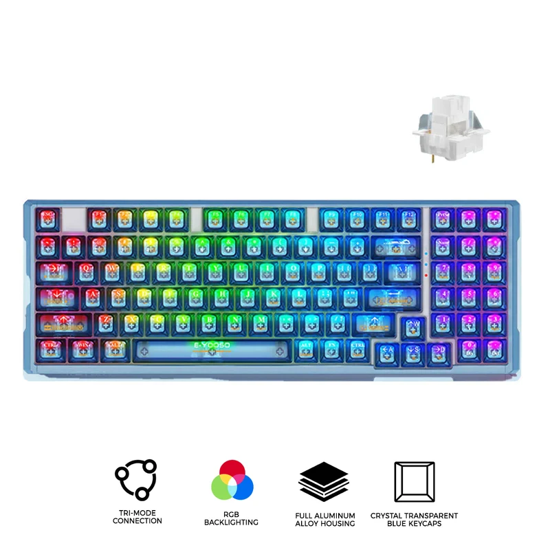 E-Yooso Z-94J Tri-Mode RGB 94-Keys Hot-Swappable Mechanical Keyboard Crystal Blue (Linear White Switch)