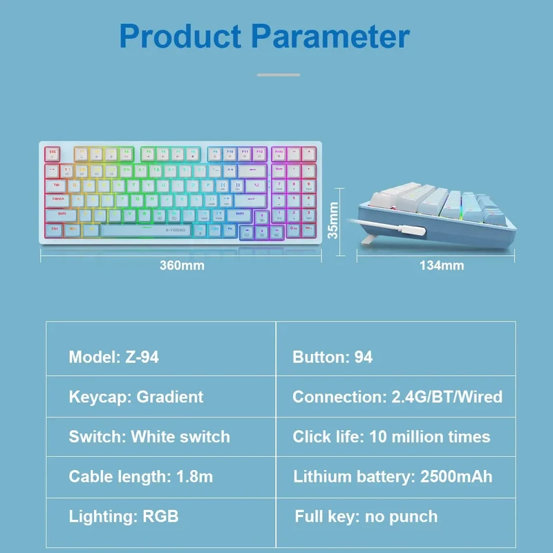 E-Yooso Z-94 Tri-Mode RGB 94-Keys Hot-Swappable Mechanical Keyboard White/Blue (Linear White switch)
