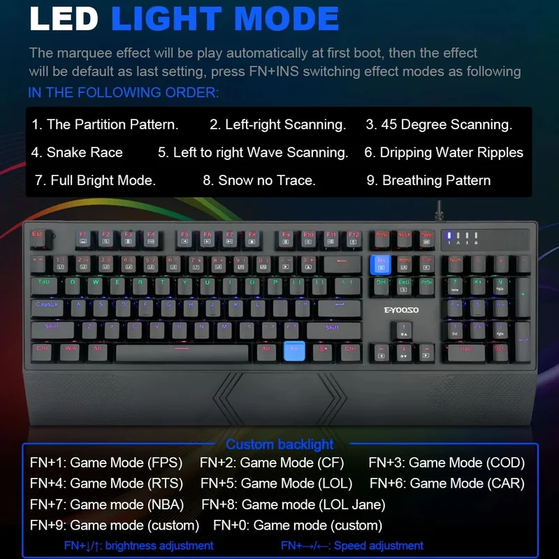 E-Yooso K-662 Rainbow Light 104-Keys Wired Mechanical Keyboard Black