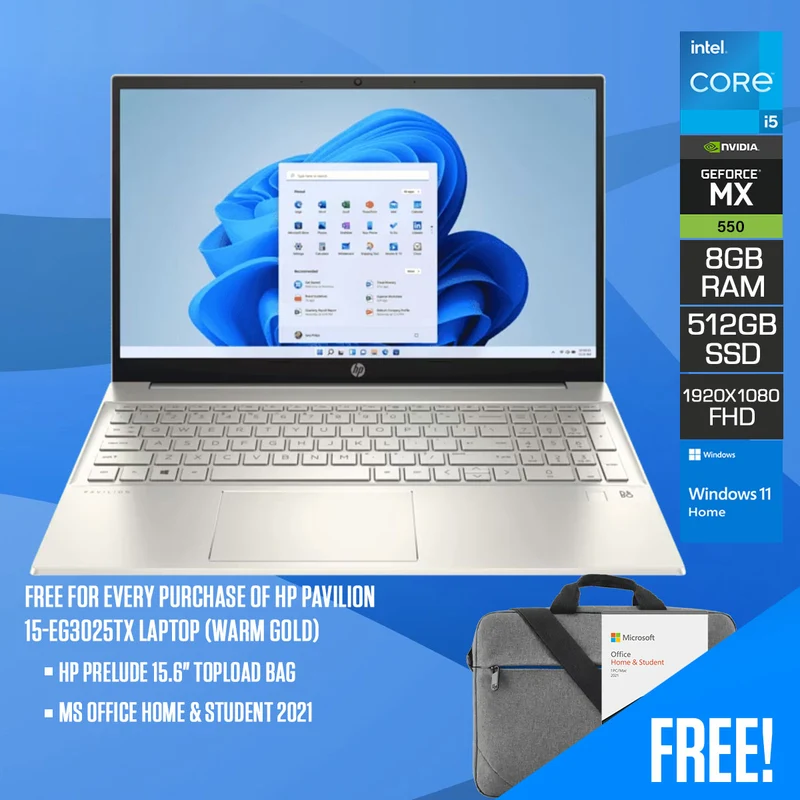 HP Pavilion 15-EG3025TX Laptop (Warm Gold) | 14" FHD (1920X1080) | I5-1335U | 8GB RAM | 512GB SSD | Nvidia GeForce MX550 | Windows 11 Home | MS Office Home & Student 2021 | HP Prelude 15.6" Topload Bag