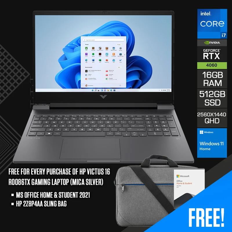 HP Victus 16-R0086TX Gaming Laptop (Mica Silver) | 16.1” QHD (2560x1440) 165Hz | i7-13700HX | 16GB RAM | 512 GB SSD | RTX™ 4060 | Windows 11 Home | MS Office Home & Student 2021 | HP 2Z8P4AA Sling Bag